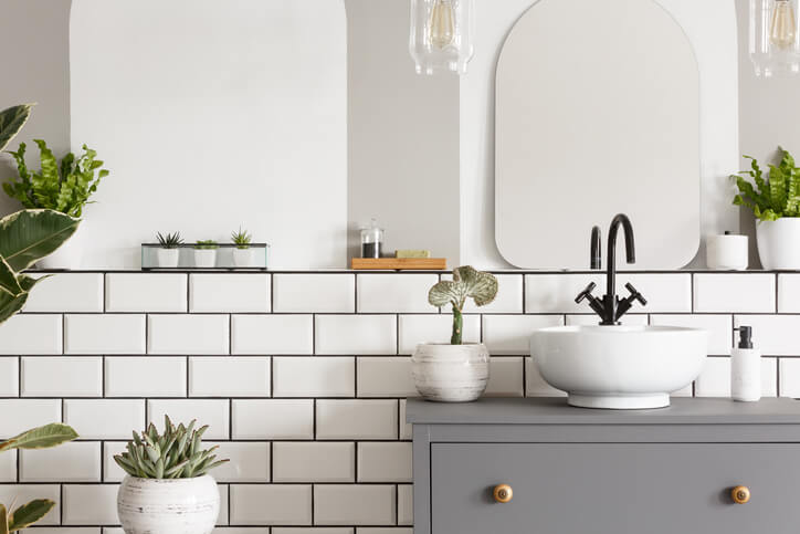 Bathroom vanity with white subway tile wall and few indoor plants