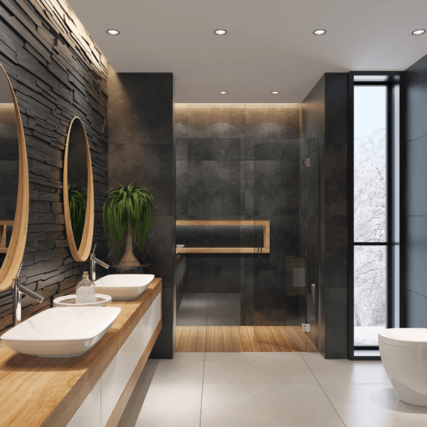 A minimal and stylish bathroom with slate black walls displaying a simple zen approach to bathroom design