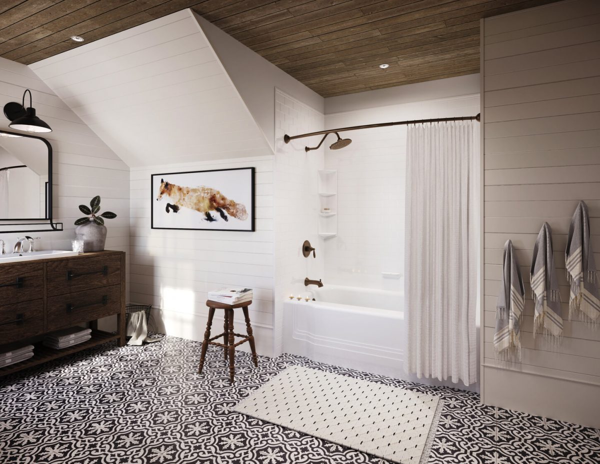 Beautiful vintage bathroom with wooden ceiling, mosaic tile floor and Turkish towels