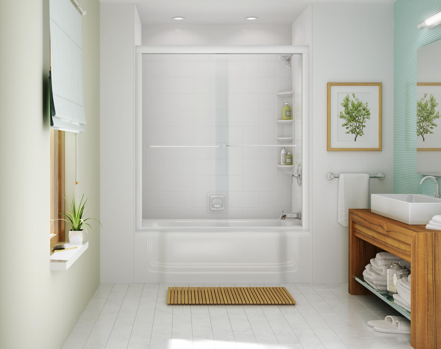 White bathroom decor with greeneries