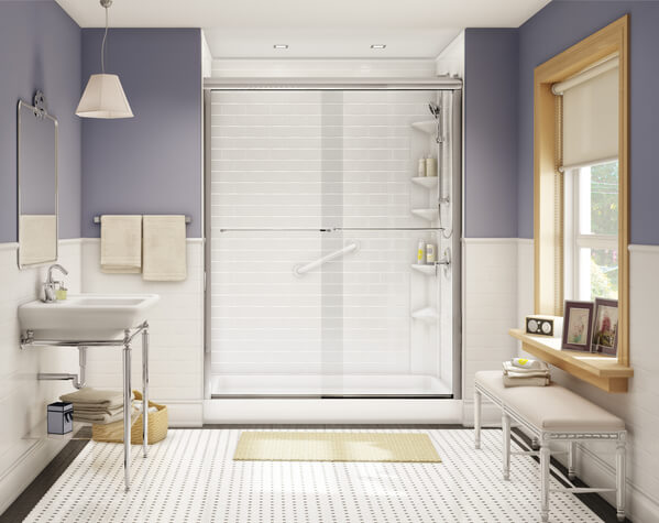 purple bathroom with white wainscot and a window with shades