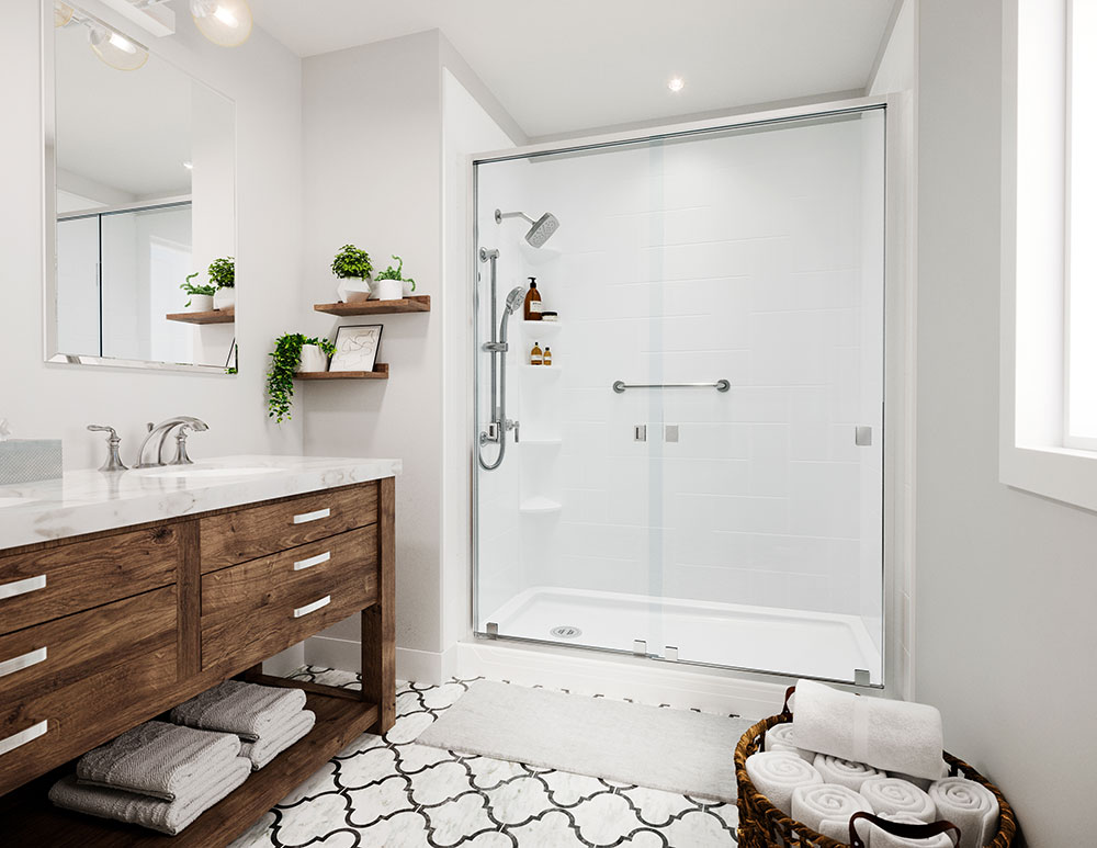 well organized white bathroom with folded towels under the vanity