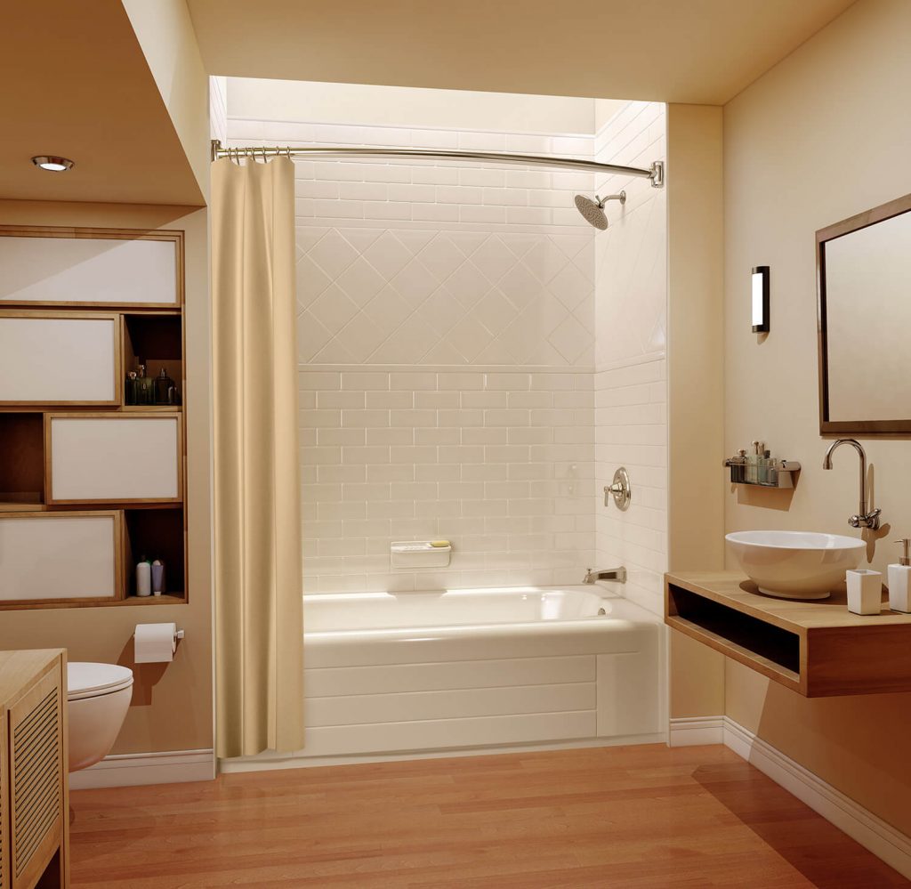 Beige bathroom with wood accents and flooring