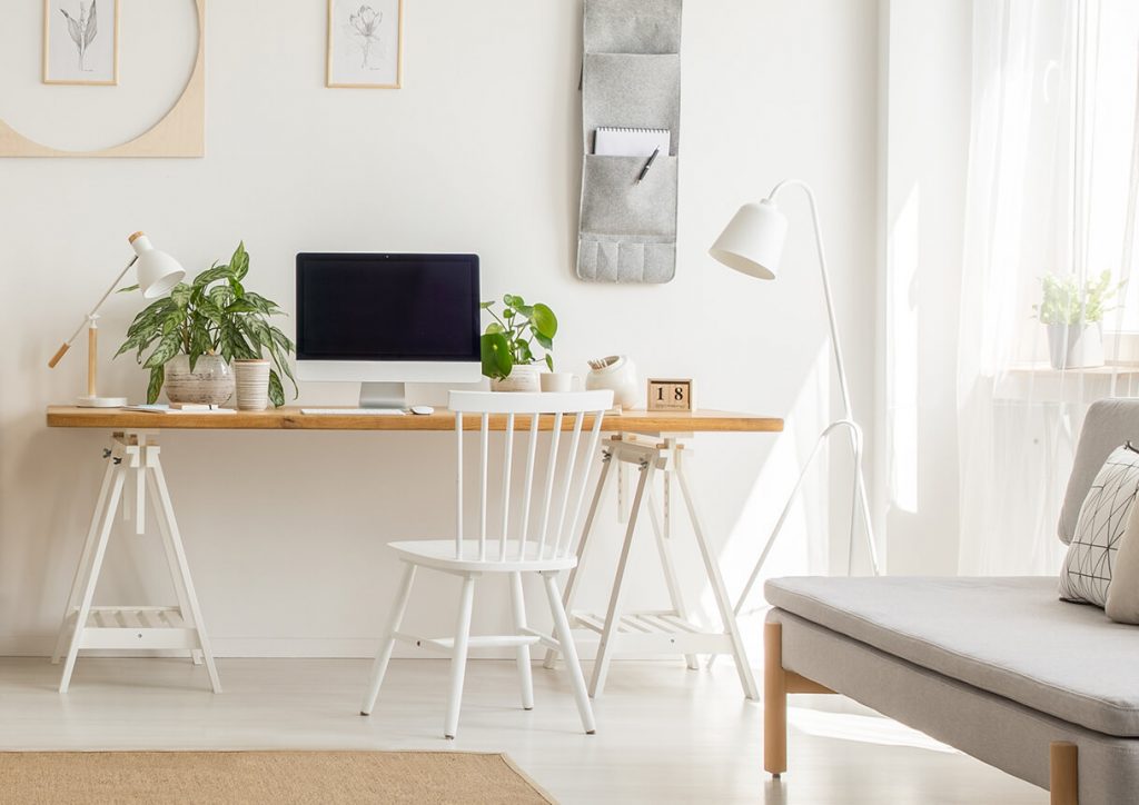 Modern neutral office with plants on desk