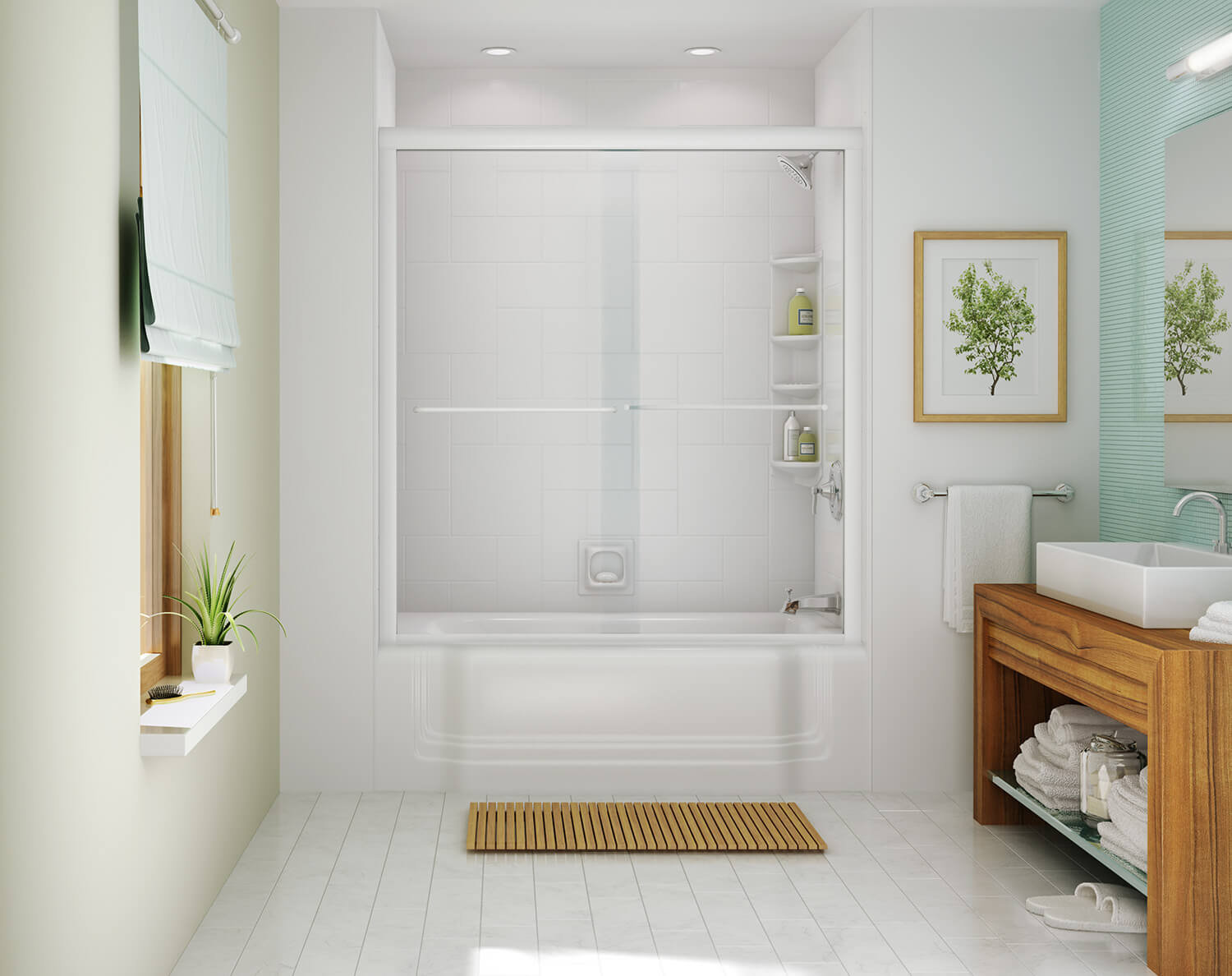 White bathroom with wood vanity