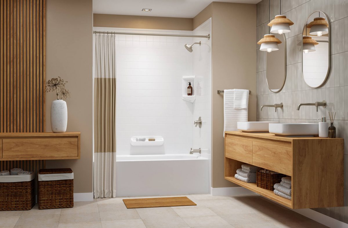 A scandinavian styled bathroom with Bath Fitter tub and wooden floating vanity