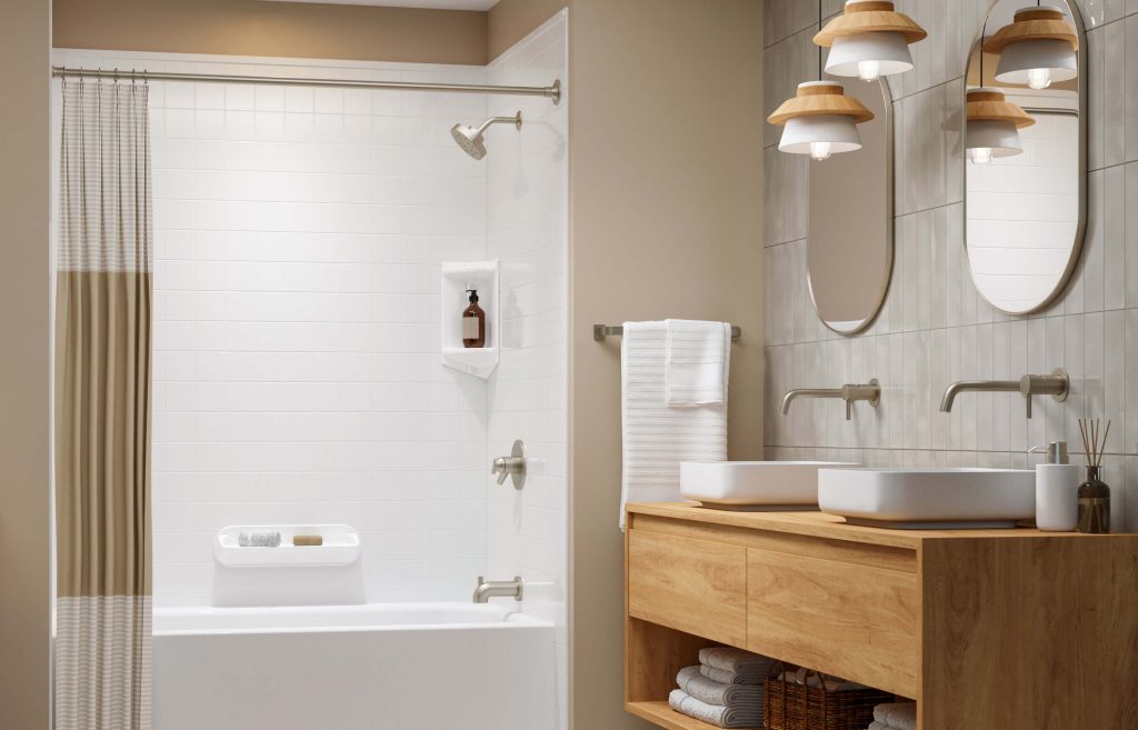 a scandinavian styled bathroom with Bath Fitter tub and wooden floating vanity