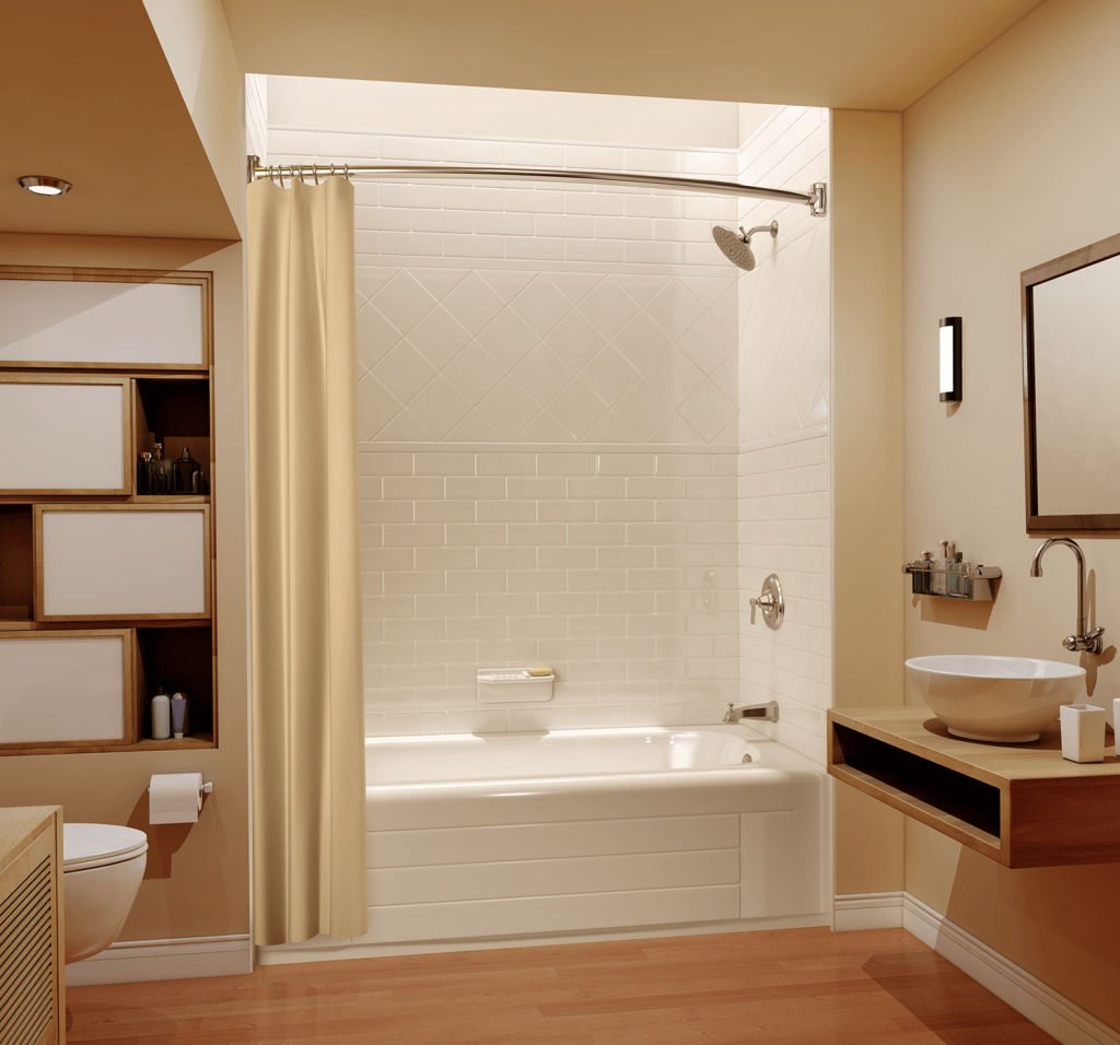 A warm inviting bathroom with wooden floors and floating vanity