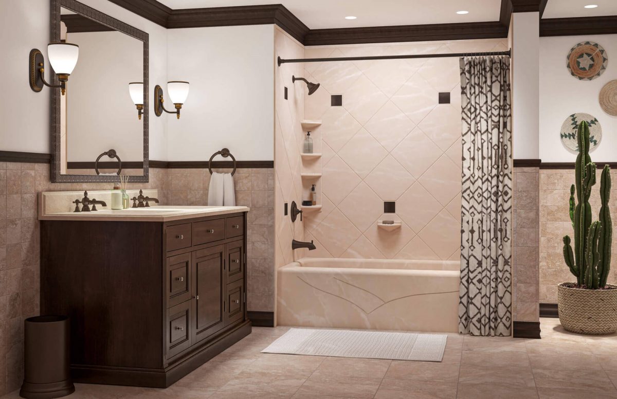 An ivory-colored bathroom, lit by two sconces and three recessed ceiling lights.