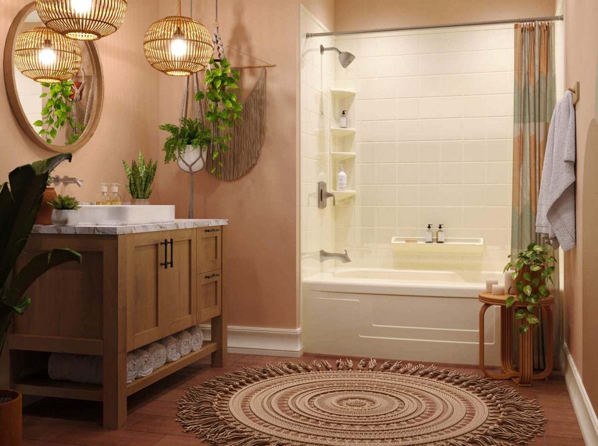 A bohemian-themed bathroom, focusing on a pearl-colored bathtub and a wooden vanity.