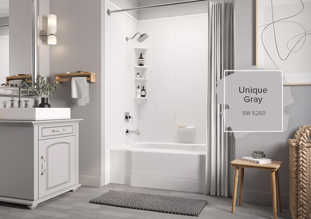 Grey Bathroom With White Acrylic Tub 