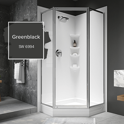 A white neo-angled shower is on display in a dark grey bathroom