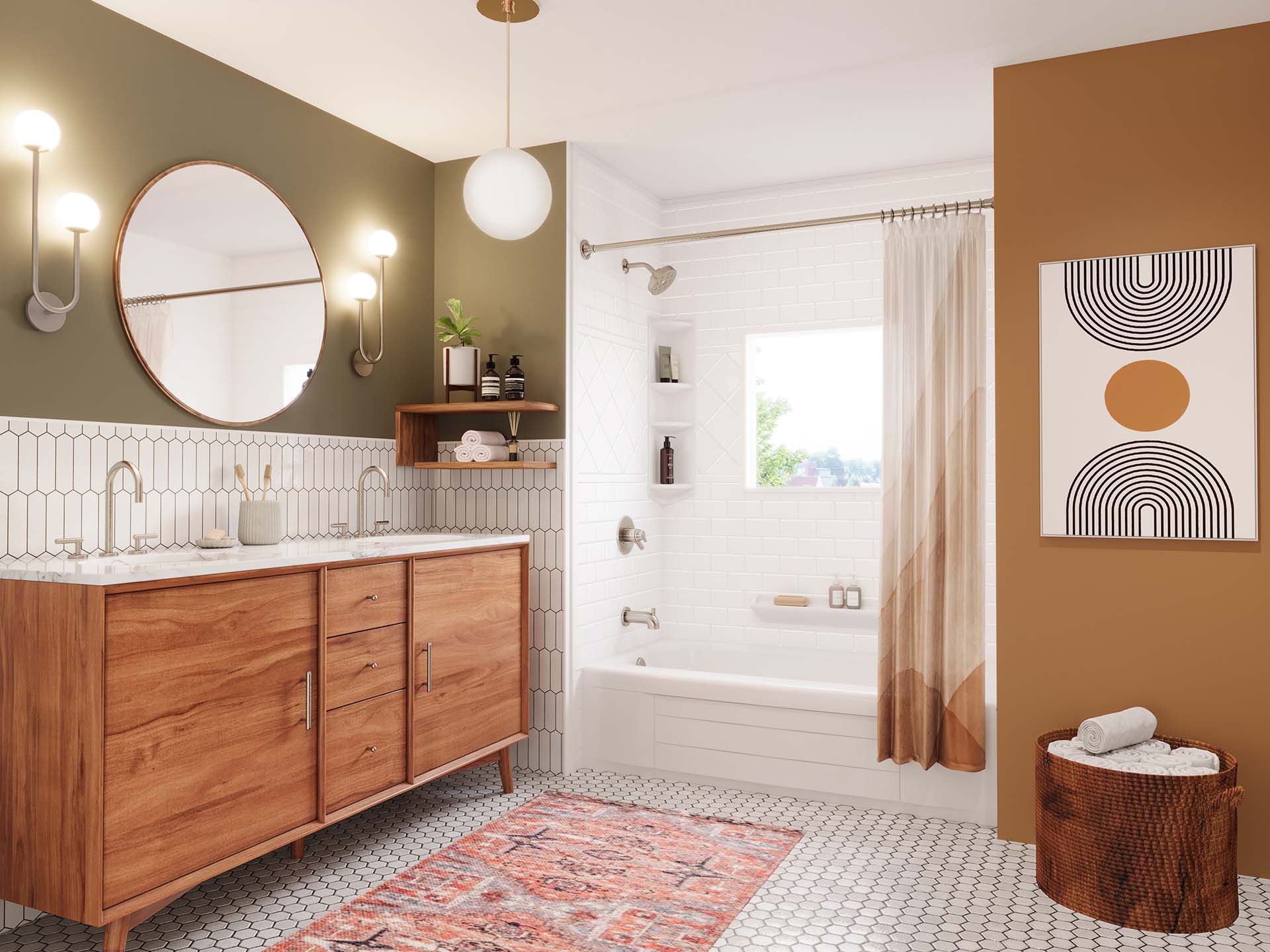 A mid-century bathroom with a big circular mirror and Bath Fitter bathtub