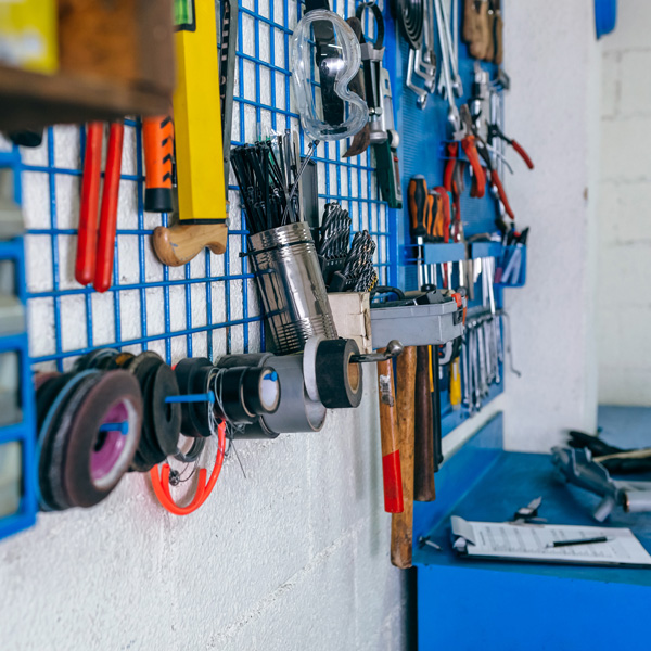 Wall of tools in a garage workshop