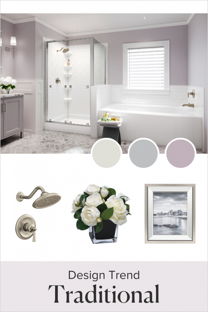 A mood board of a traditional bathroom with separate areas for a bath and shower with accessories: metal shower head and faucet, flowers in a vase,  metal-framed skyline picture
