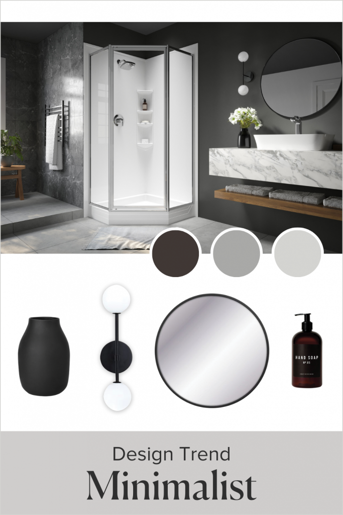 A neo-angle shower stands in the middle of a dark grey bathroom. The mood board showcases a black vase, a linear double-globe wall sconce, black-rimmed circular mirror and hand soap in a black bottle