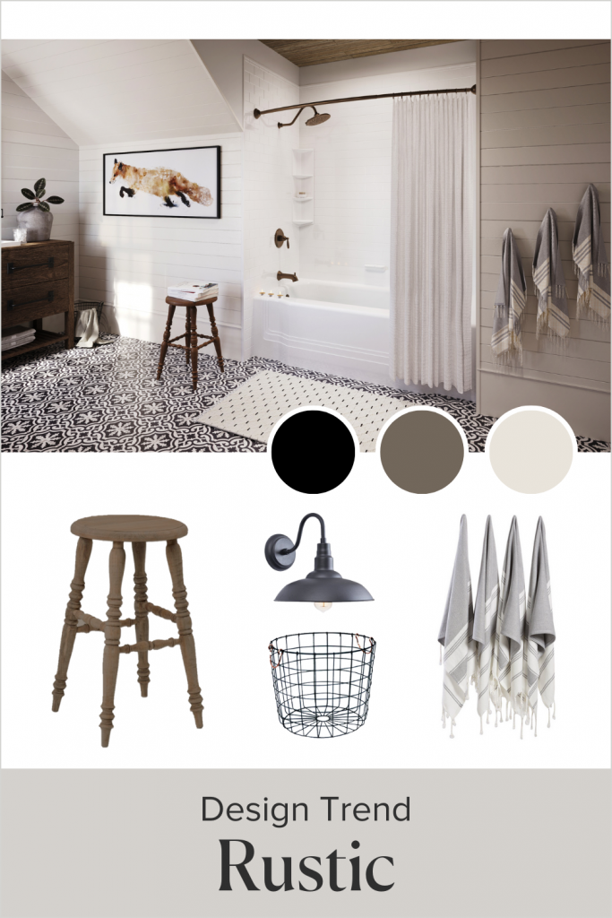 A bathtub is in the middle of a rustic bathroom. The mood board shows a wooden stool, metal framed basket, black wall sconce, and grey towels.