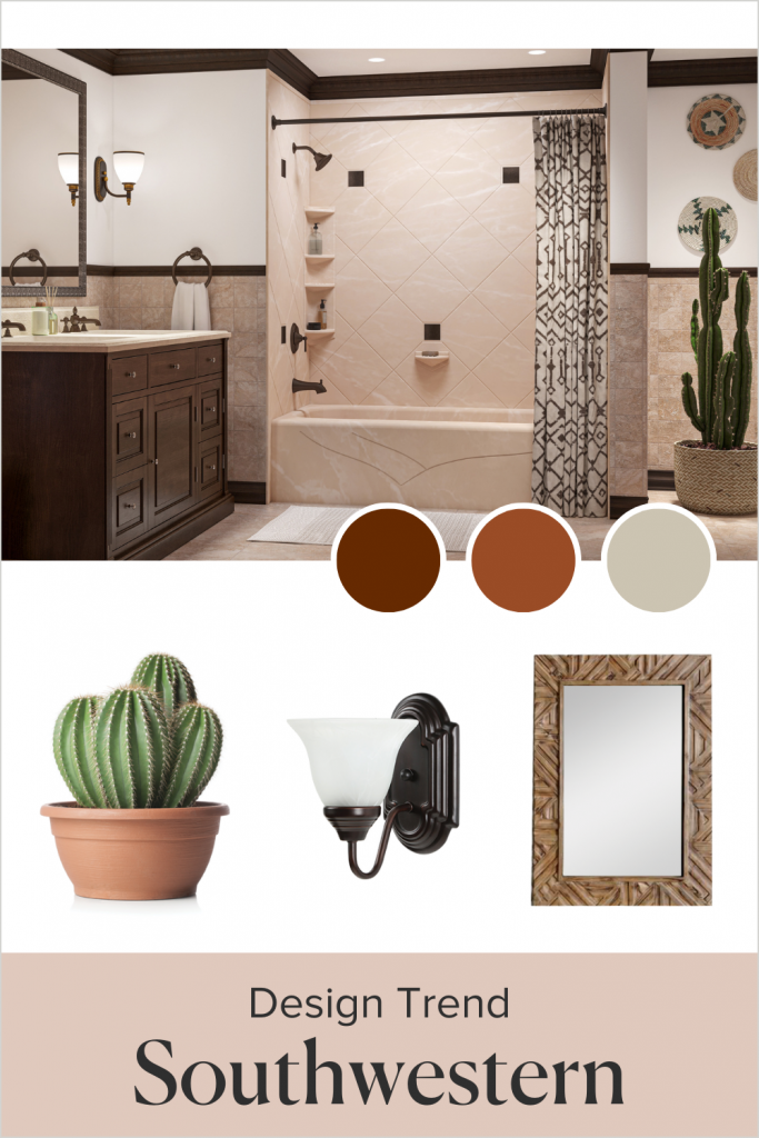 A marbled bathtub is the focal point of the southwestern bathroom. The mood board shows a cactus plant, wall light, and a heavy wood-framed mirror.
