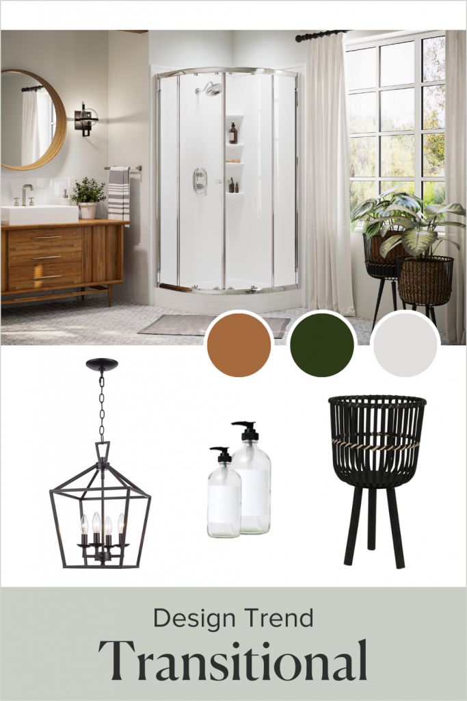 A curved shower stands in the bathroom between a brown vanity and a double window. The mood board showcases a black geometric chandelier, empty apothecary squirt bottles, and black planter tripod