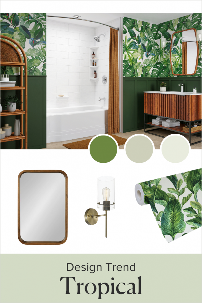 A white bathtub with brown shower curtains is between floral green wallpaper that has green wood paneling halfway up the wall. The mood board shows a bronze-rimmed mirror, a metal wall light, and leafy floral wallpaper.