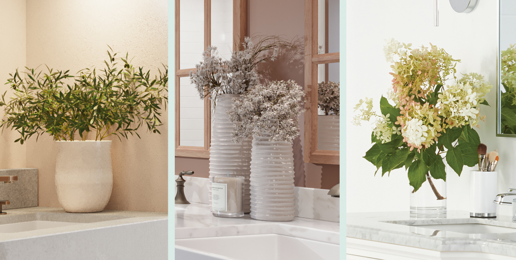 Various artificial plants and dried flowers are potted and on display in the bathroom