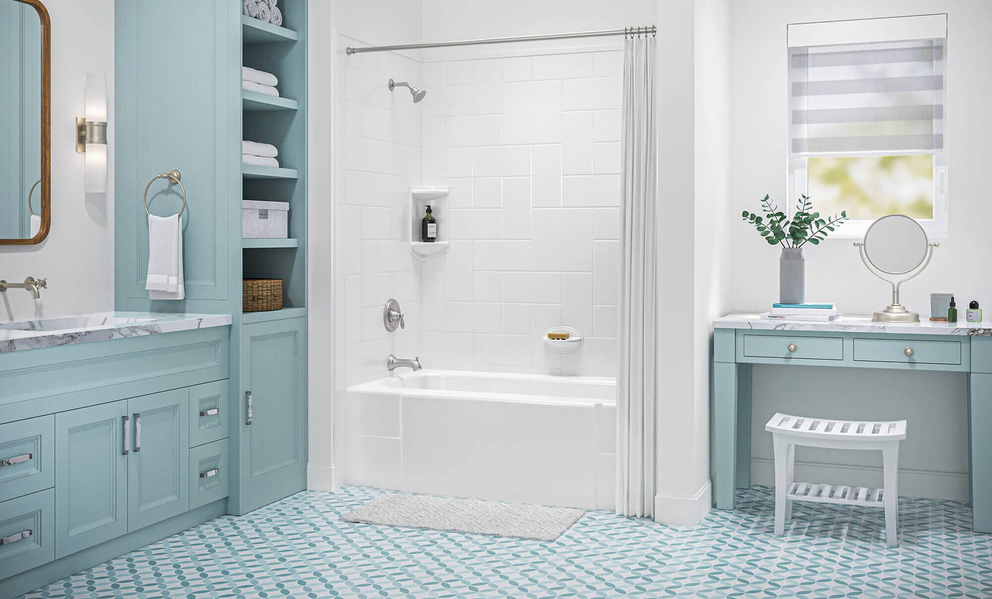 A beautiful traditional style bathroom with white bath fitter tub and blue vanity